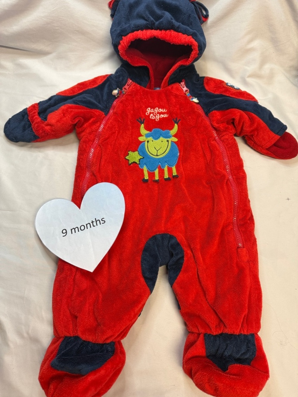Red & Navy Plush Baby Puffer One-Piece with Hood